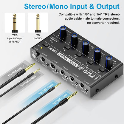 LZSIG Mini Audio Mixer, Ultra Low-Noise, 4-Channel, 4 IN 1 OUT | Stereo Line Mixer for Sub-Mixing, 1/4" & 1/8" TS & TRS Output and Input for Electronic Drum, Guitars, Bass, Keyboards