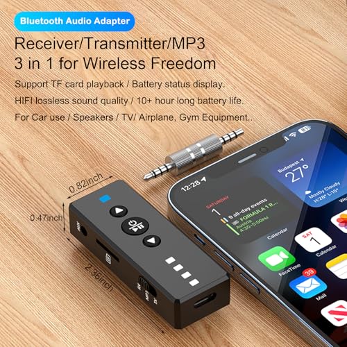 Isobel Bluetooth 5.4 Transmitter Receiver, 3 in 1 Portable Wireless Bluetooth Audio Adapter to Any 3.5mm AUX Jack for TV PC Car Airplanes Boats Home Stereo Gym with Micphone, TF Card Fast Playback MP3 - color: Grey