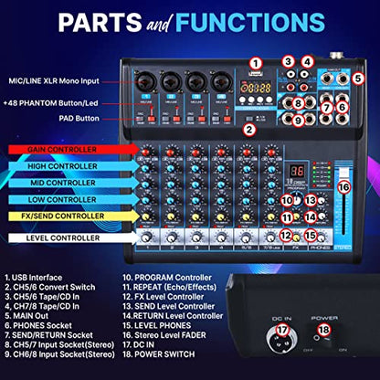 Pyle 8 Channel Bluetooth Studio Mixer - USB Computer Recording, Built-In MP3 Player, 48V Phantom Power, 16-Bit DSP FX, 3-Band EQ, XLR Combo Inputs, DJ Sound Board - PMXU83BT.5 - size: 8