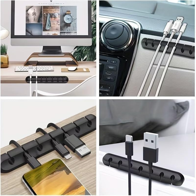 Silicone Cable Organizer Self Adhesive Desktop Clips Low Profile Multiple Slots for Mobile Charging Earphones Mouse Wires, Black, Set of 5 pieces