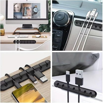 Silicone Cable Organizer Self Adhesive Desktop Clips Low Profile Multiple Slots for Mobile Charging Earphones Mouse Wires, Black, Set of 5 pieces
