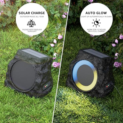 2-Pack Solar Powered Rock Speakers Outdoor Water-Resistant with Lights | 3 Mode Lights Pair Function USB Rechargeable for Patio Pool Outside Garden Party - color: Black