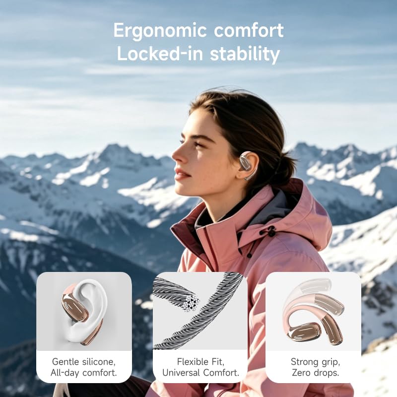 A51 Open Ear Headphones, True Wireless Earbuds with Mic & Earhooks | Deep Bass Sound, 20H Playtime & Digital Display, AI Clear Calls, Secure Comfortable Fit - Running, Sport, Meeting (RoseGold) - color: RoseGold