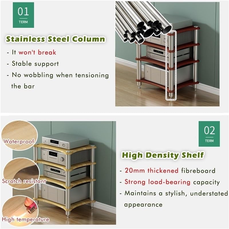Modern HiFi Audio Rack, Stainless Steel Media Stand W/Feet，1/2/3/4 Layer Stereo Components Cabinet ，Heavy Duty Audio Component Rack，Black/White/Wood/Teak(Teak,H-40cm/15.7in) - color: Teak, size: H-40cm/15.7in