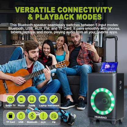 Large Bluetooth Karaoke Speaker with 2 Wireless Microphones, 11 Speaker System with 8800mAh Battery, Trolley PA System with Lights, Remote, FM/AUX/USB/TF, Bass & Treble Adjust, Ideal for Outdoor Party - size: A115
