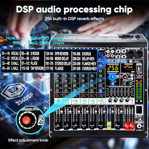 W IN-MIX 6 Channel Audio Mixer with Bluetooth, USB MP3 Player, 48V Phantom Power for Studio Recording, Live Performance, Karaoke, Podcast