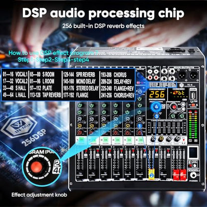 W IN-MIX 6 Channel Audio Mixer with Bluetooth, USB MP3 Player, 48V Phantom Power for Studio Recording, Live Performance, Karaoke, Podcast