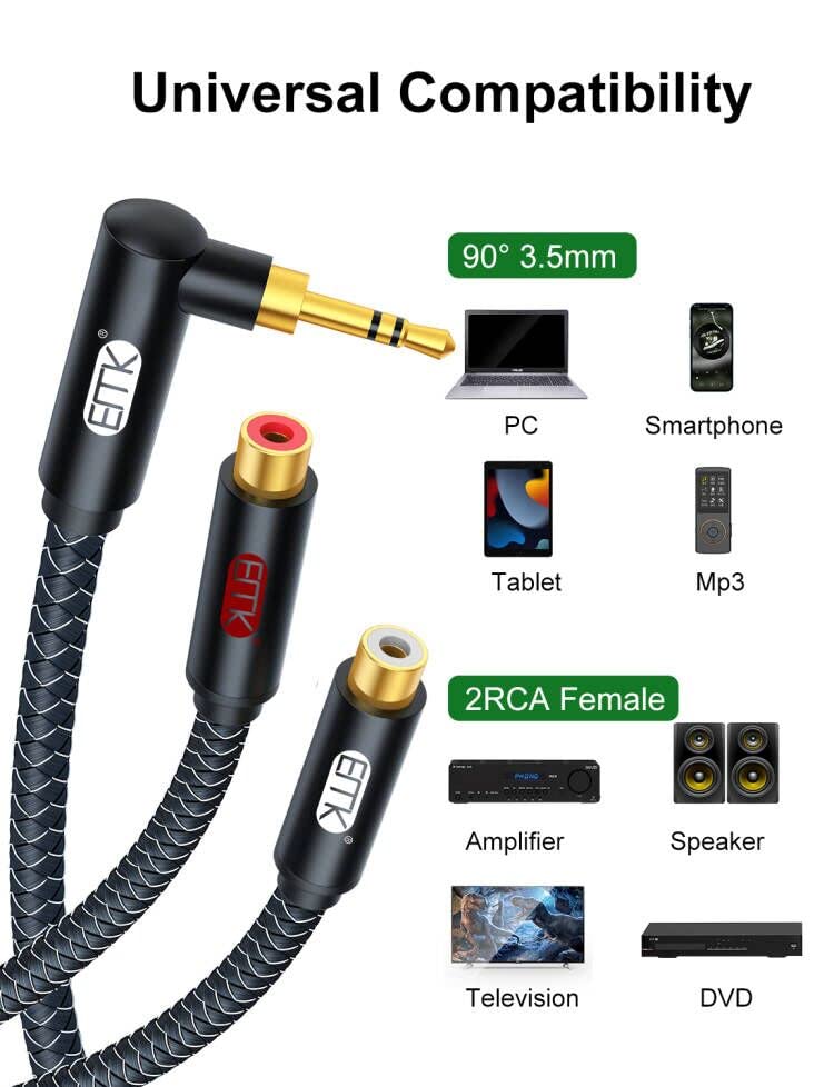 EMK 3.5mm to RCA Stereo Audio Cable - Gold Plated, 90° Aux Male to 2RCA Female, 3ft/1M - Compatible with Smartphones, MP3, Tablets, Speakers, Home Theater - color: 90° 3.5mm Male to 2 RCA Female, size: 3 Ft/1M, style: 3.5mm to 2RCA