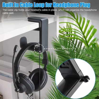 Headphone Stand,Headphone Hanger Hook Under -PC Gaming Headset Stand, Adjustable Clamp-on Headphone Holder,Desk with 360 Degree Swivel with Cable Clip Organizer-Black