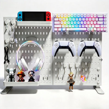 Gaming Desk Organizer, No-Drill Freestanding Desk Pegboard with Headphone Stand, Controller Holder, Keyboard Stand & Shelves, 5-in-1 Gaming Setup Accessories for Dorm Room & Home Office, White