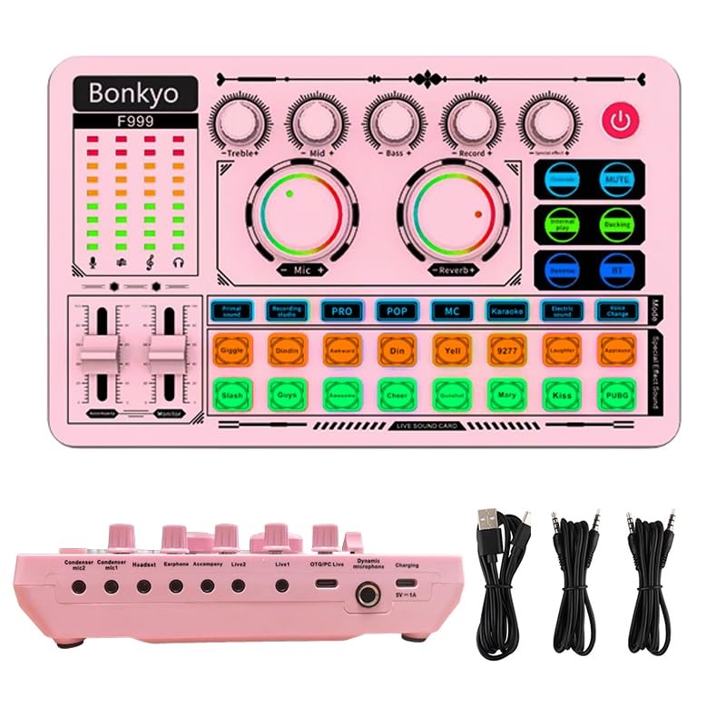 F999 Pink Live Streaming Sound Card, Professional Audio Mixer, Voice Changer Soundboard with Audio Interface, Bluetooth, Noise Reduction, DJ Mixer Board for Live/Podcasting/Gaming - color: Pink