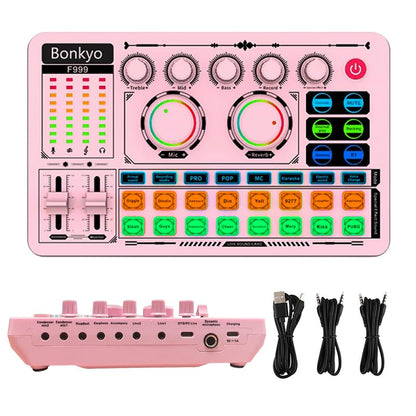 F999 Pink Live Streaming Sound Card, Professional Audio Mixer, Voice Changer Soundboard with Audio Interface, Bluetooth, Noise Reduction, DJ Mixer Board for Live/Podcasting/Gaming - color: Pink