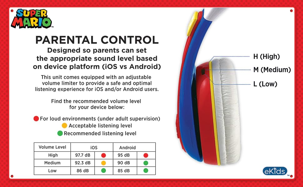eKids Super Mario Kids Headphones, Adjustable Headband, Stereo Sound, 3.5Mm Jack, Wired Headphones for Kids, Tangle-Free, Volume Control, Childrens Headphones Over Ear for School Home, Travel | Adjustable Headband - color: Super Mario