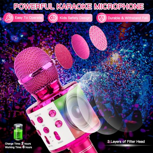 ShinePick Karaoke Microphone, 4 in 1 Wireless Microphone with LED Lights Handheld Portable Karaoke Machine, Home KTV Player, Compatible with Android & iOS Devices(Purple) - color: purple