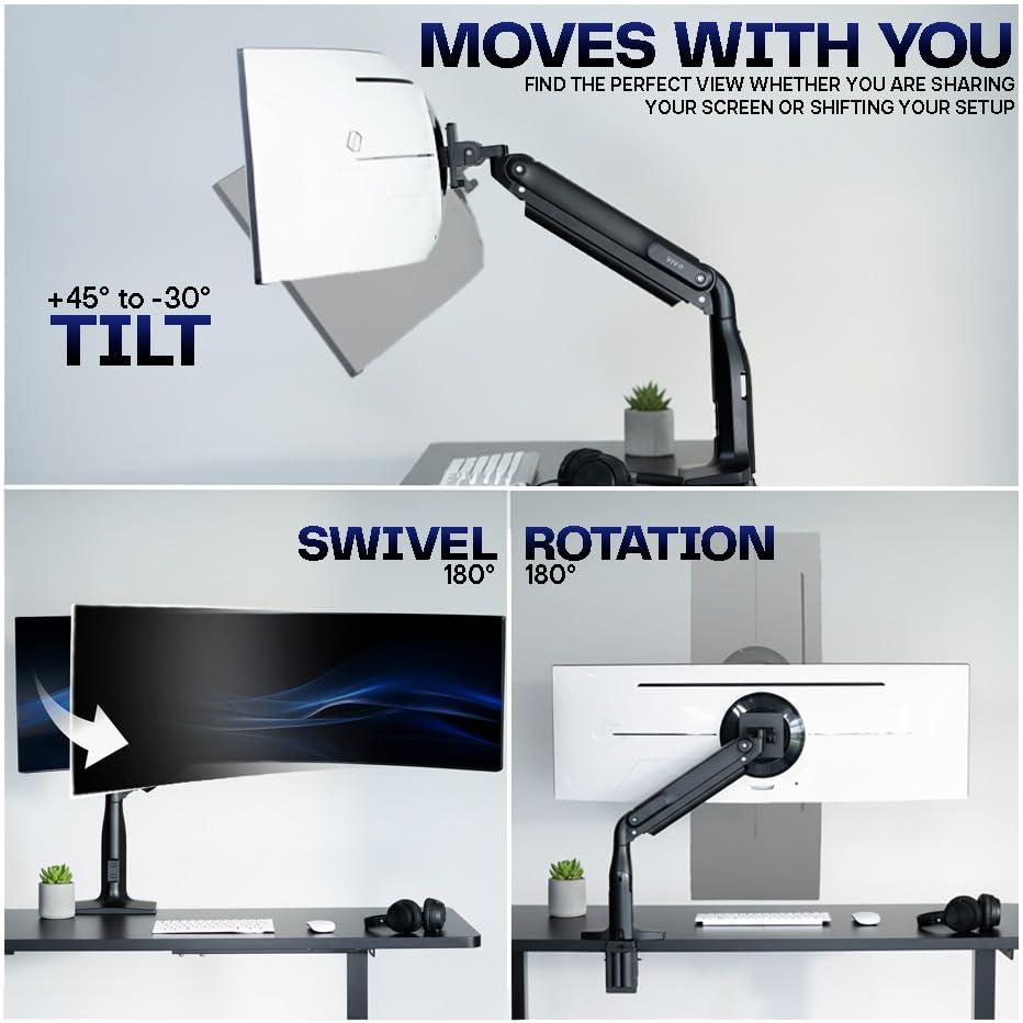 VIVO Aluminum Ultrawide Monitor Stand, Classic, Fits up to 49 inch Computer Screens, Single Articulating Pneumatic Arm, C-Clamp and Grommet Desk Mount, Max VESA 200x100, Black, STAND-V100H | Articulating Pneumatic Arm, Grommet or C-Clamp Mounting, Heavy D