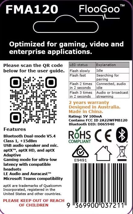 FMA120 LE Audio Bluetooth Adapter for Phone, PC & Console – Low Latency Gaming, Teams/Zoom Mic Support, Auracast TX/RX/Relay, Hearing Aid Compatible, aptX Lossless