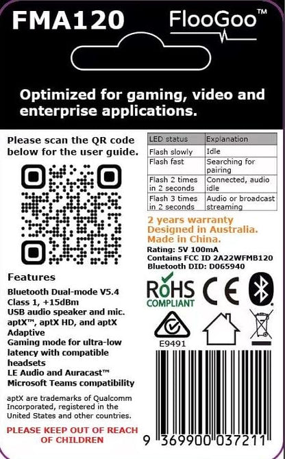 FMA120 LE Audio Bluetooth Adapter for Phone, PC & Console – Low Latency Gaming, Teams/Zoom Mic Support, Auracast TX/RX/Relay, Hearing Aid Compatible, aptX Lossless