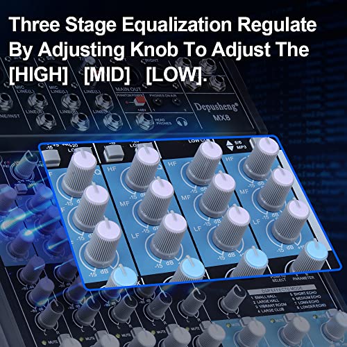 Professional Audio Mixer Sound Board Console 8-Channel DJ Controller Sound Mixer w/ 8-DSP EFFECT, USB Recording Interface, Bluetooth, 48V Phantom Power, Ideal For Live Streaming Depusheng MX8