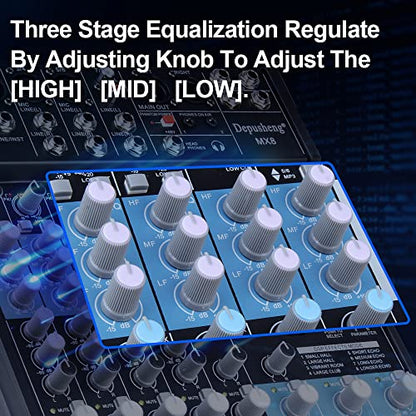 Professional Audio Mixer Sound Board Console 8-Channel DJ Controller Sound Mixer w/ 8-DSP EFFECT, USB Recording Interface, Bluetooth, 48V Phantom Power, Ideal For Live Streaming Depusheng MX8