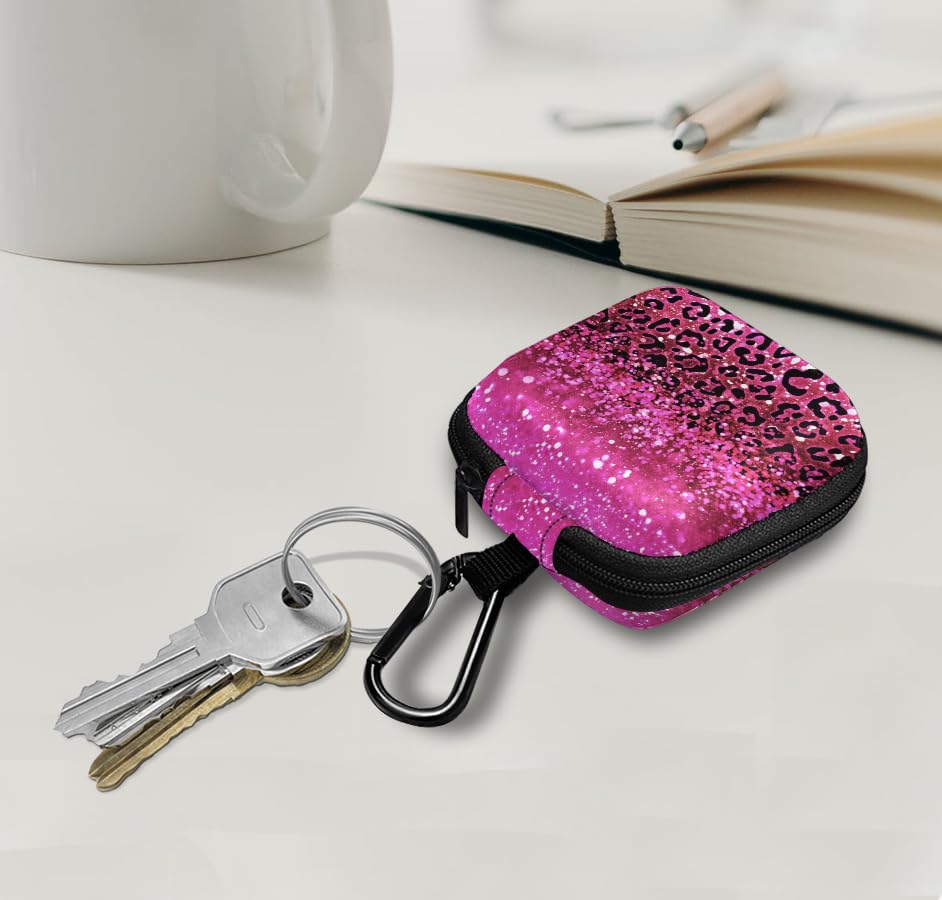 WIRESTER Portable Wireless Headphone Case, Earphone Storage Bag Carrying Case, Earbud Holder with Black Carabiner Compatible with Airpods - Hot Pink Sparkle with Black Pink Glitter Leopard - color: Hot Pink Sparkle With Black Pink Glitter Leopard