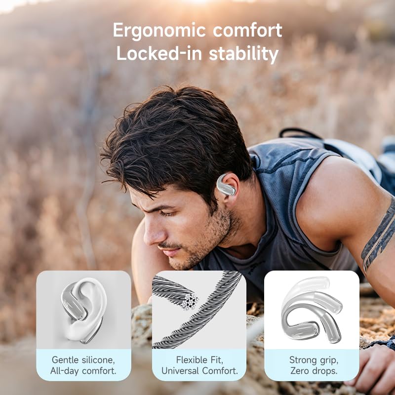 A51 Open Ear Headphones, True Wireless Earbuds with Mic & Earhooks | Deep Bass Sound, 20H Playtime & Digital Display, AI Clear Calls, Secure Comfortable Fit - Running, Sport, Meeting (Silver) - color: Silver