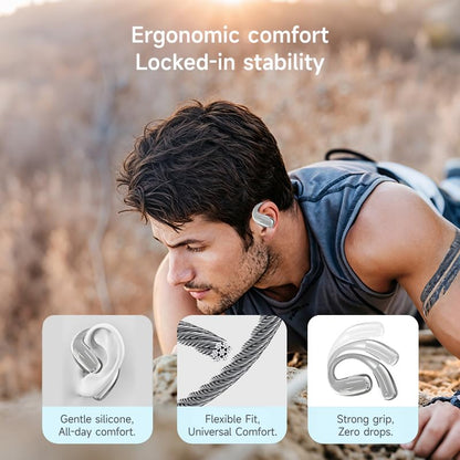 A51 Open Ear Headphones, True Wireless Earbuds with Mic & Earhooks | Deep Bass Sound, 20H Playtime & Digital Display, AI Clear Calls, Secure Comfortable Fit - Running, Sport, Meeting (Silver) - color: Silver
