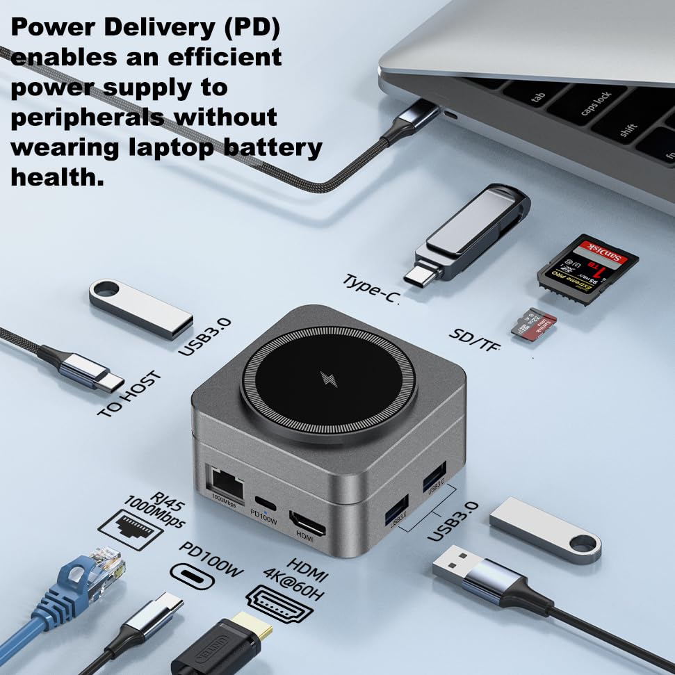 10-in-1 Portable USB-C Hub with Wireless Charger, 4K HDMI, Made with Aluminum Alloy Casing for Durability, Compatible with Mac, Windows, Compact and Lightweight USB C Docking Station for Travel