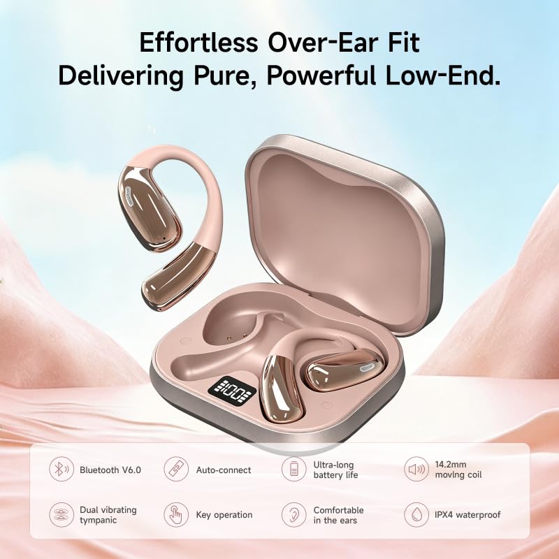 A51 Open Ear Headphones, True Wireless Earbuds with Mic & Earhooks | Deep Bass Sound, 20H Playtime & Digital Display, AI Clear Calls, Secure Comfortable Fit - Running, Sport, Meeting (RoseGold) - color: RoseGold
