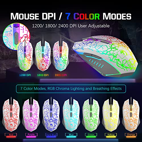 Wired Rainbow LED Backlit Keyboard and Mouse, Over Ear Headphone with Mic, Gaming Mice and Pad, for PC, Xbox and PS4 (White/Black) - color: White/Black