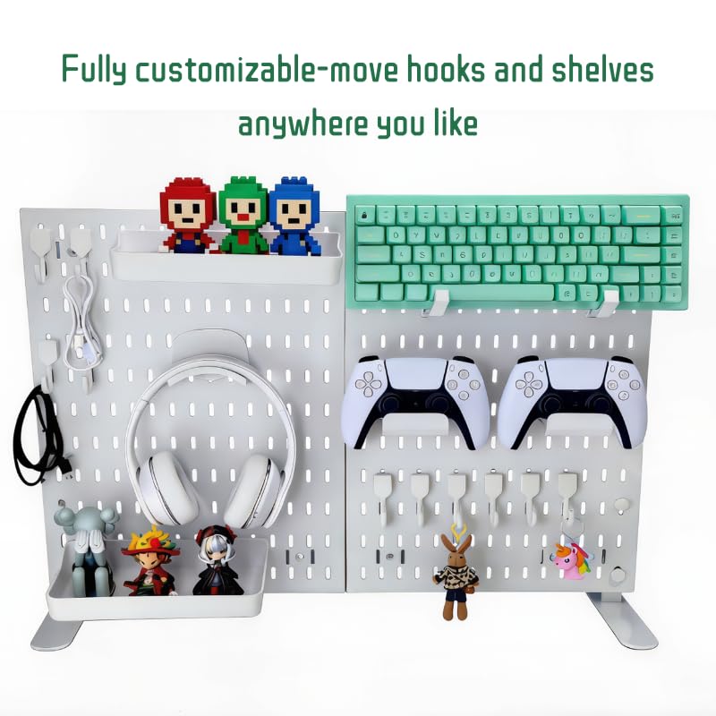 Gaming Desk Organizer, No-Drill Freestanding Desk Pegboard with Headphone Stand, Controller Holder, Keyboard Stand & Shelves, 5-in-1 Gaming Setup Accessories for Dorm Room & Home Office, White