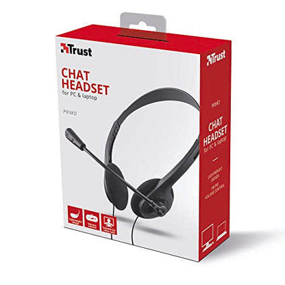 Trust Primo Chat On Ear Wired Headset for PC and Laptop, Black | Lightweight and adjustable design, 3.5 mm cable of 1.8 m