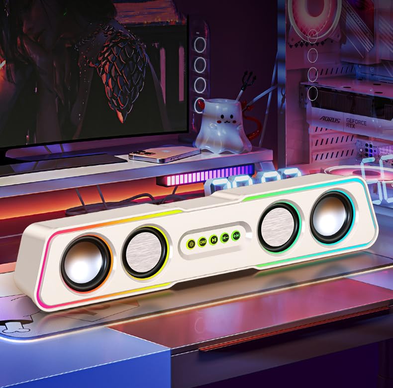 USB Powered Stereo Desktop Soundbar, Wired Audio Speaker with Volume Adjustment - color: White
