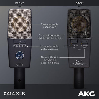 AKG Pro Audio C414XLS Pair Studio Grade Professional Large Diaphragm, Dual Capsule, Multi-Pattern, Vocal & Instrument Condenser Microphone with Aluminum Carrying Case. XLR Connector. Gray with Gold. - style: C414 XLS MATCHED PAIR
