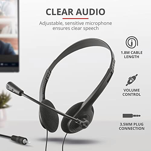 Trust Primo Chat On Ear Wired Headset for PC and Laptop, Black | Lightweight and adjustable design, 3.5 mm cable of 1.8 m