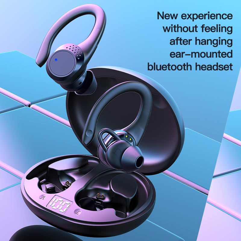 Wireless Earbuds with Earhooks Bluetooth Headphones Ear Buds,IPX6 Waterproof,Painless for Long Term Wearing,Single Battery Life 10H,LED Digital Display Headset with Earhooks for Sport Running Workout