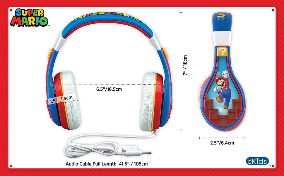 eKids Super Mario Kids Headphones, Adjustable Headband, Stereo Sound, 3.5Mm Jack, Wired Headphones for Kids, Tangle-Free, Volume Control, Childrens Headphones Over Ear for School Home, Travel | Adjustable Headband - color: Super Mario