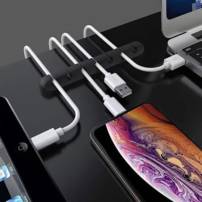 Silicone Cable Organizer Self Adhesive Desktop Clips Low Profile Multiple Slots for Mobile Charging Earphones Mouse Wires, Black, Set of 5 pieces