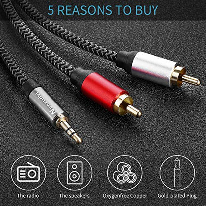 3.5mm to 2RCA Audio Cable 15ft Aux to RCA Y Splitter with Metal Shell | Case-Friendly Nylon Braided Cord for Stereo Receiver, Amplifier, Home Theater - size: 15ft/5M
