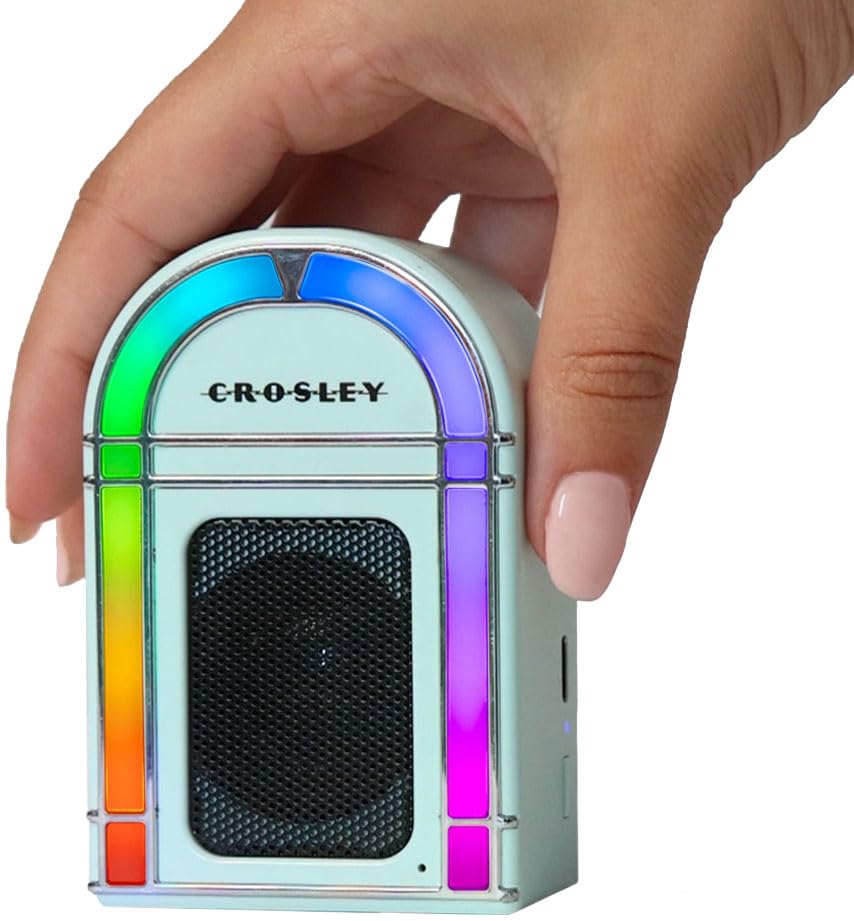 Crosley CR3046A-AB Mini Jukebox Portable Bluetooth Speaker, Aqua Blue | Bluetooth In, 5 Color-Changing Light Modes, LED Lights Sync with Music, Rechargeable Lithium-Ion Battery - color: Aqua Blue