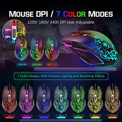 Wired Rainbow LED Backlit Keyboard and Mouse, Over Ear Headphone with Mic, Gaming Mice and Pad, for PC, Xbox and PS4 (Black/White) - color: Black/White