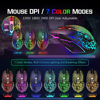 Wired Rainbow LED Backlit Keyboard and Mouse, Over Ear Headphone with Mic, Gaming Mice and Pad, for PC, Xbox and PS4 (Black/White) - color: Black/White