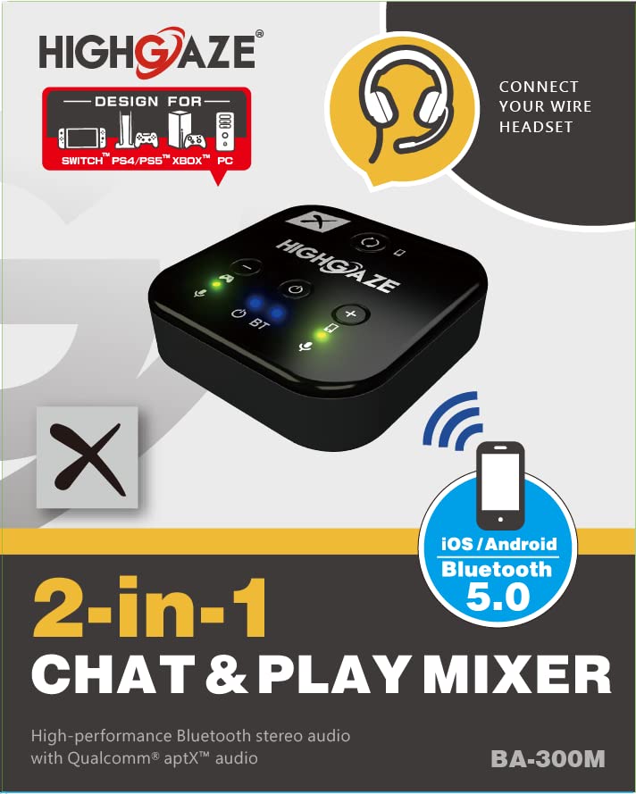 Bluetooth Chat & Play Audio Mixer Accessory for Switch 2 Game Streaming with Smartphone & PS4 PS5 or Xbox, Discord, Voice call to Headset with aptX Audio, Adjust Game Volume Balance