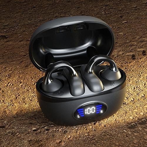 IHAO Clip Ear Sport Earbud Headphones Bluetooth 5.3 Open Earpiece, Clip On Ear Never Fall Out 80 Hours Playtime with Charging Case, HiFi Sound Noise Reduction Painless Firm Wear IPX4 Waterproof-Black