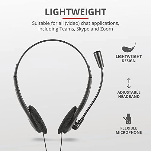 Trust Primo Chat On Ear Wired Headset for PC and Laptop, Black | Lightweight and adjustable design, 3.5 mm cable of 1.8 m