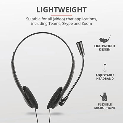 Trust Primo Chat On Ear Wired Headset for PC and Laptop, Black | Lightweight and adjustable design, 3.5 mm cable of 1.8 m