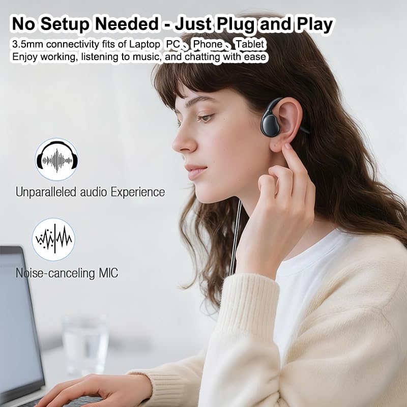 Open Ear Headphones with Microphone, Wired Air Conduction Headphones, Lightweight Flexible Open Back Headset for Phones Tablets Laptop, 3.5mm+USB Connection, 4.27 Ft Cable, Black