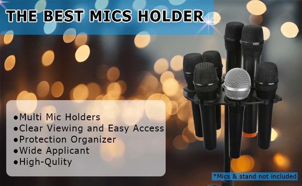 Multi Mic Holder for Wired and Wireless Mics, Organizes Up to 7 Mics, Aluminum, Black