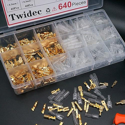 Twidec/640Pcs 2.8/4.8/6.3mm Quick Splice Male and Female Wire Spade Connector Crimp Terminal Golden Kit with Wire Terminal Crimping Pliers Tools 26-16AMG for Electrical Wiring Car Audio Speaker - color: Gold 640PCS+SN-48B