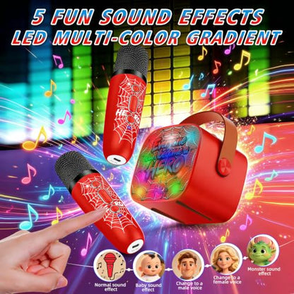 Spider Mini Karaoke Machine for Kids,Birthday Gifts with Lights Fun Voice | Portable Bluetooth Speaker with 2 Wireless Mics for Ages 3,4,5,6,7,8,9,10,11+ Years Old Girls Boys Singing Toys Play & Party