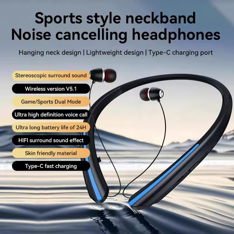 Neckband Bluetooth Headphones, 24H Battery with Auto-Retractable in-Ear Earbuds, HiFi Stereo Sound & Hybrid Active Noise Cancelling for Sports, Gym, Running, Workout, Hands-Free Calling（Blue） - color: Blue